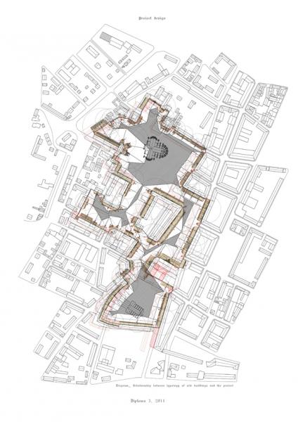 The context elevation then informs the plan of the 'medieval environment' surrounding the cathedral - its setback and maximum height.