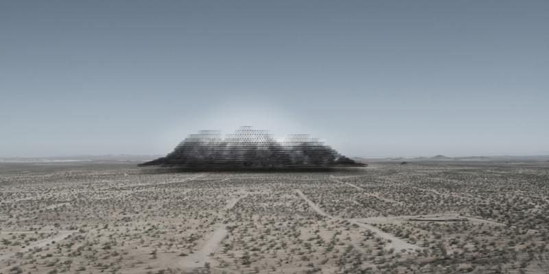 As one approaches the Second Community and its mountain avatar through the desert the light from 1500 mirrors reflected on the artificial sky of the port.