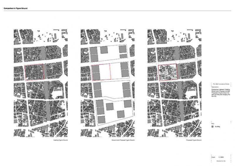 Comparison of city fabric between existing government proposal and my proposal.
Government proposal creates huge isolation within the city centre and my proposal creates in-specific boundary between complex and the city.
