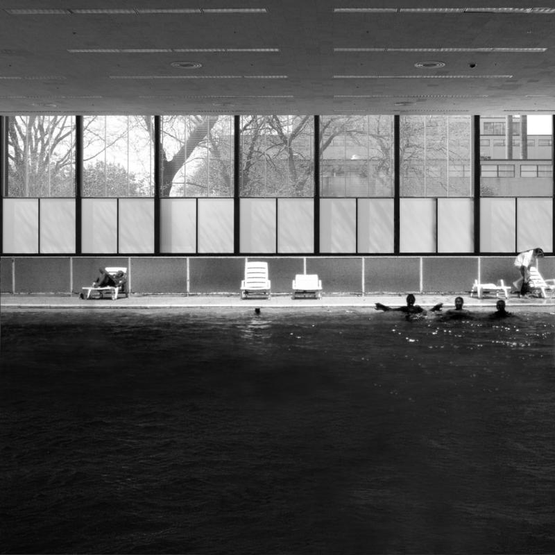 A reproduced copy of the Crown Hall is turned into a swimming pool. The swimming pool and the offset railing are elements taken from an image of Lafayette Park. The image of the swimming pool is intentionally taken from another project by Mies. The appropriation of the copy becomes a replication of program within the work of Mies.  