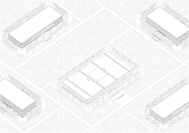 Axonometric view of the encasement structure showing the proximity between the original facades of the reproduced buildings, and the copied facades embedded in the encasement.  