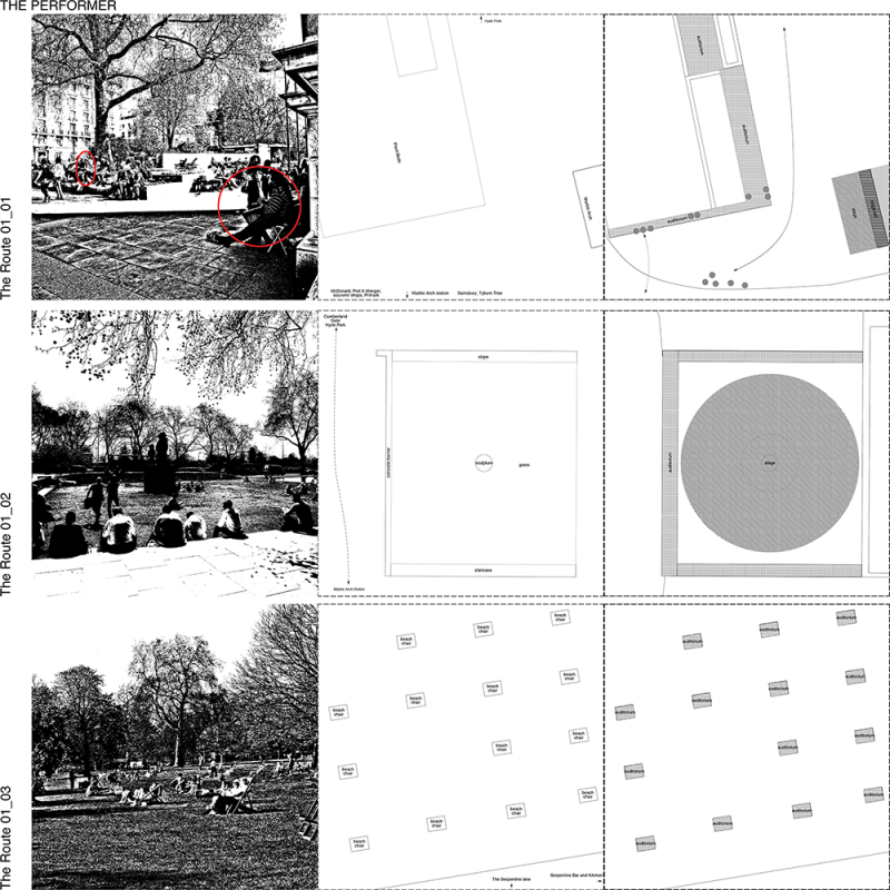 Left: The images of theatrical spaces
Centre: The general condition of the spaces
Right: The theatrical condition of the spaces

The performer senses the city as a theatre as he is always looking for a space to attract people and gain exchange from them. The routes of the tourist can be read as full of theatrical qualities by the performer. The plant bed and the wall of the Marble Arch for him are an auditorium and a stage set. This is the city guidebook of theatrical space by the performer. Although the general condition of the spaces are a wall, a picket fence, and a barrier, these elements for the performar are an auditorium, a stage set where people sit, to lean on, to gain a sight line.