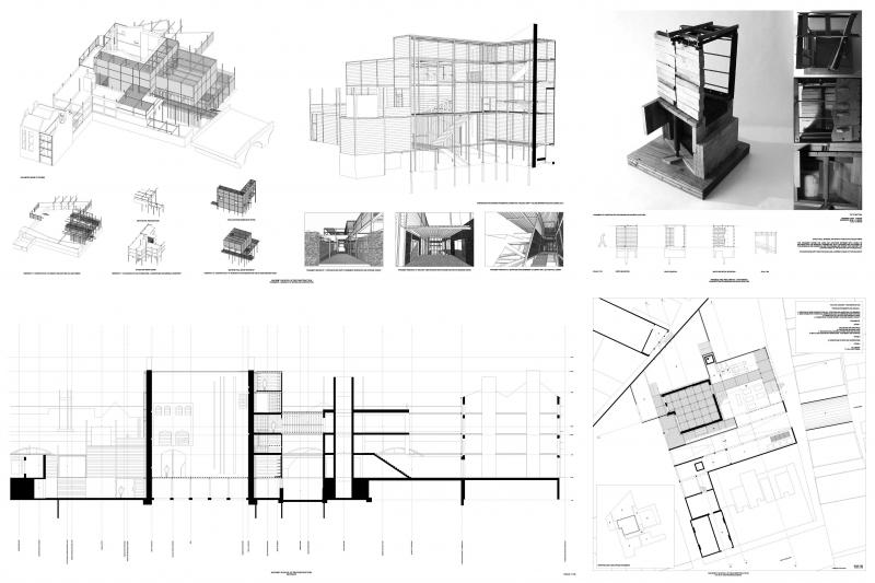 Scheme drawings and material and construction details. Qualities and materials from the site - a material storage depot - in the form of railway ties and steel retention are used to construct fragments around the redundant building.