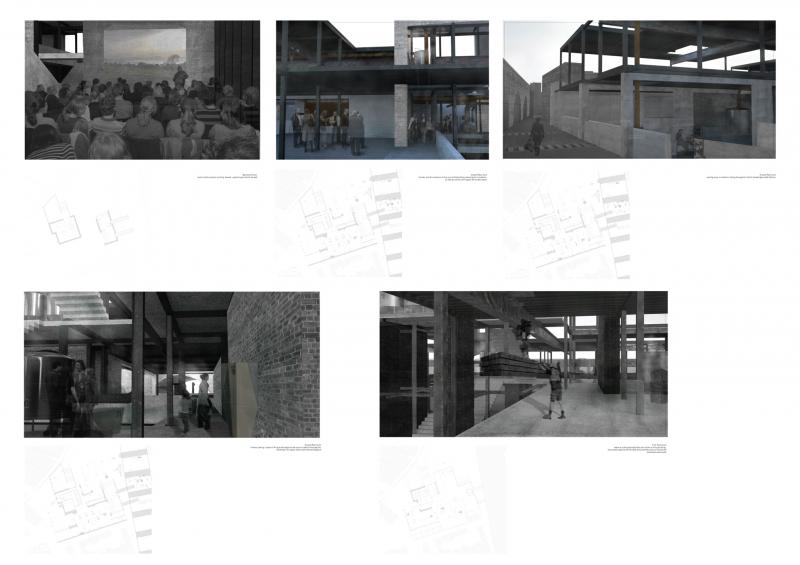 Fragments and moments of Urban Craft Hub, where the urban interior of the infrastructure are read against activities of the site

