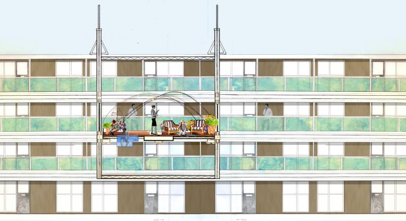 Elevation drawing of one room with pulley system attached to social housing.