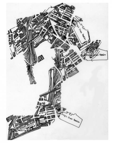 An abstract map derived from a journey of robbers who poses as musicians who rents a room in an elderly woman's house as they plot their thieving plans across Kings Cross St Pancras Station. The movie, 'The Ladykillers' created a fictional home that welcomes one to Argyle Street just opposite Kings Cross St Pancras Station as they open the front door. And Copenhagen Junction across Caledonian Road as they open the back door. This fictional home acts almost like a portal. Here it is expressed how journeys and time are abandoned in the cinematic world.