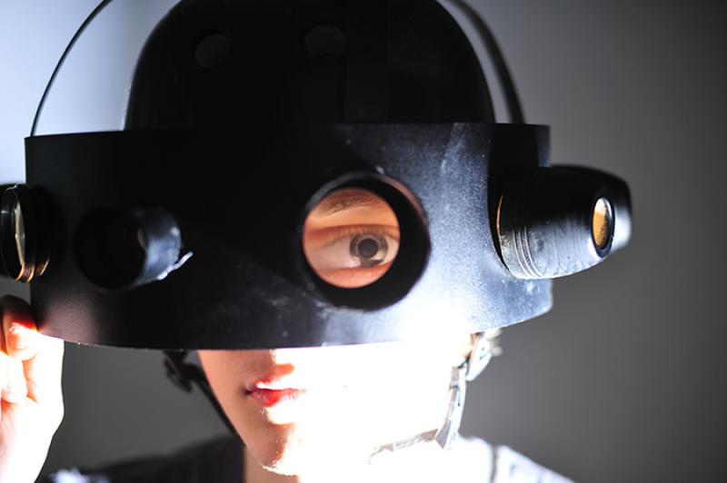 Photograph of 'Vision Helmet', forcing the subject to view through different lenses, which all reframe and disort the field of vision, having an effect on the behaviour of the person wearing it. 