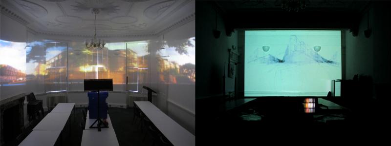 Comparing the drawn panorama projected directly on to a flat wall to the stretched image of the panorama projected on to three walls. (Through the Looking Glass)