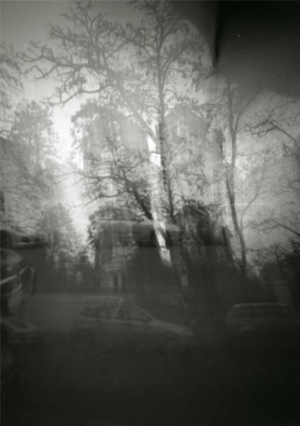 Pinhole camera picture of the site in London's South Kensington. The camera has been treated as a puppet.