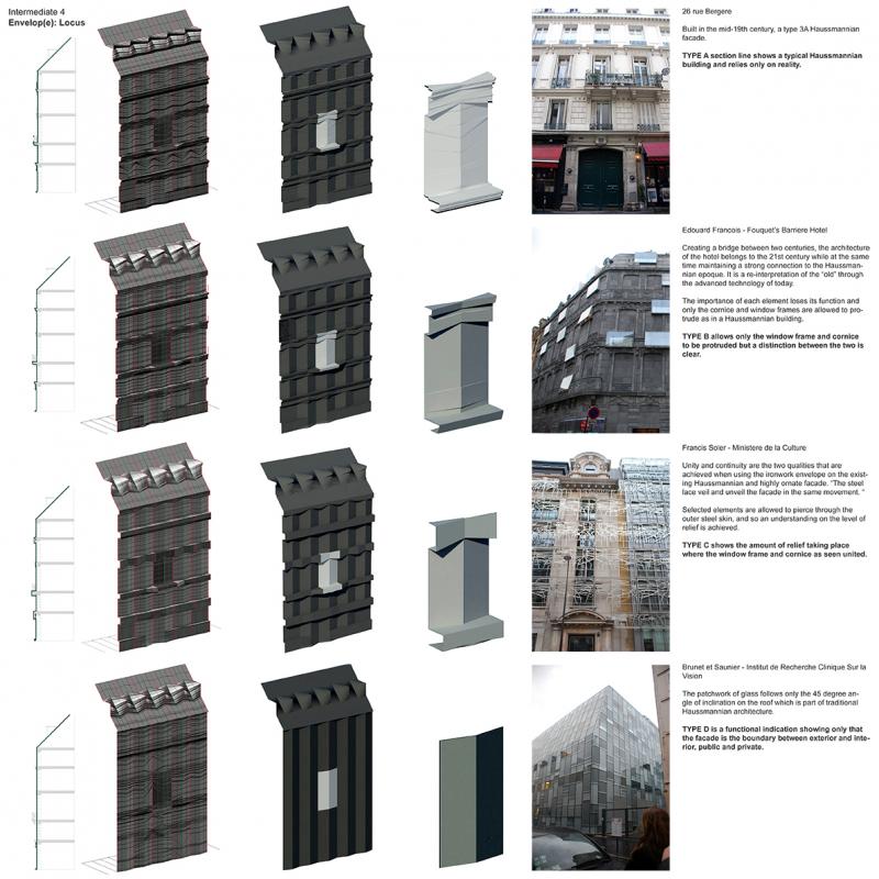 By taking only the information that is given in these sections - moments and creating what happens in between them, various forms can be created which still have information relating to the original facade such as the location of the windows, and the amount of relief.
Each of the section lines are abstracted into three more levels showing a gradual decrease of information where the shape from one to the next differs, but the quantity of information remains the same within.
Therefore, if each of these can be thought of as a representation of architectural forms coming from different time periods, the question is how the discontinuous representations can be combined to create a continuous transformation from one to the next.