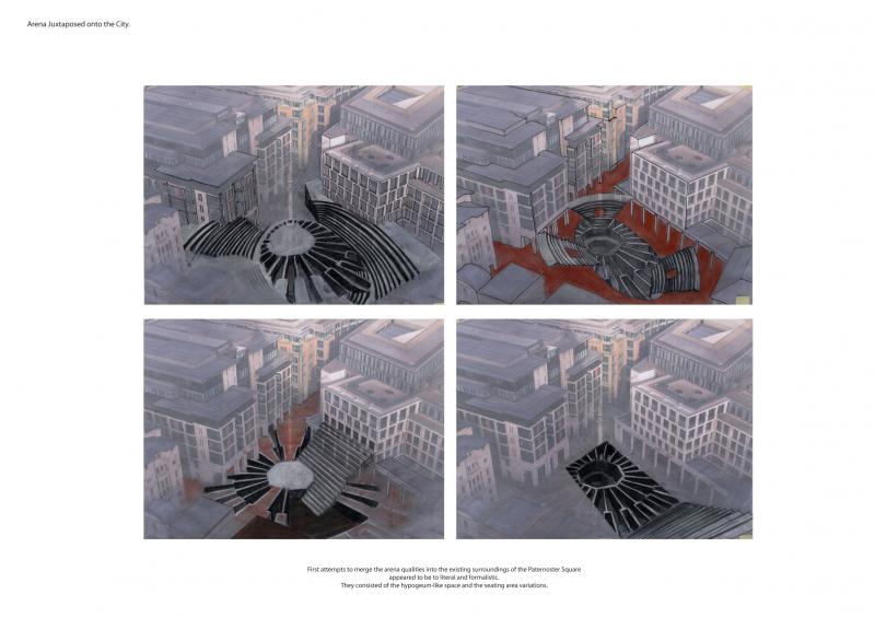 First attempts to merge the arena qualities into the existing surroundings of the Paternoster Square appeared to be to literal and formalistic.
They consisted of the hypogeum-like space and the seating area variations.
