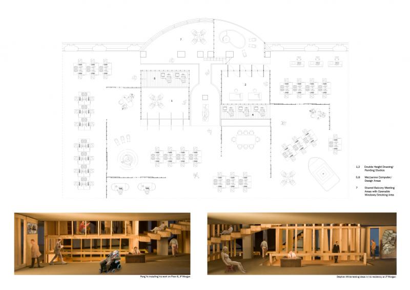 A plan and collage exploring how the design will start to affect and alter the existing office arrangement - how both sides will start to work with each other, spatially. 