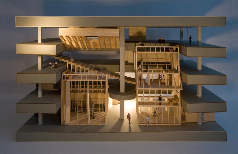 Photograph of model representing a potential structure that could be designed and constructed by JP Morgan's resident artists. In this case, it stems from the atrium on floors 7-10 of the bank. 
