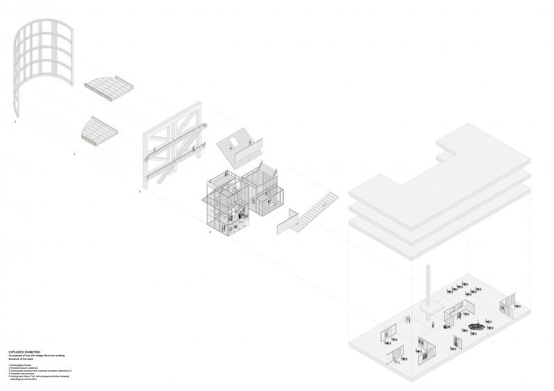 Exploded isometric explaining how this design would connect and fit to the existing structure and constraint of the building.